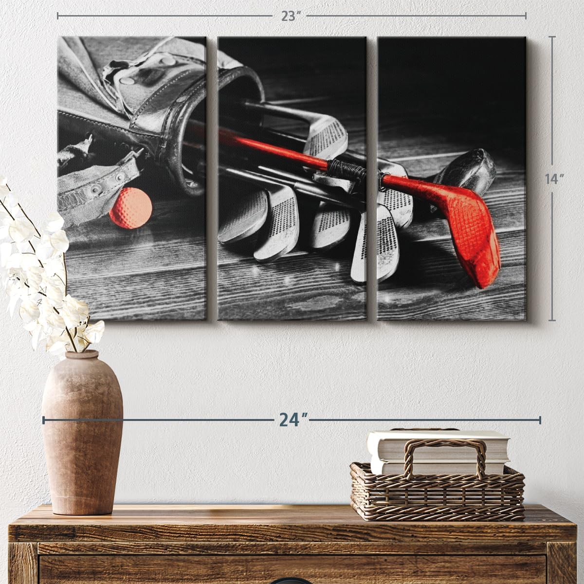 ElephantStock Golf Equipment Pop Wall Art - Horizontal Canvas - 3-Piece Living Room Wall Decor - Photography Sports Canvas Print - Black and Gray Decor for Wall - 23" X 14"