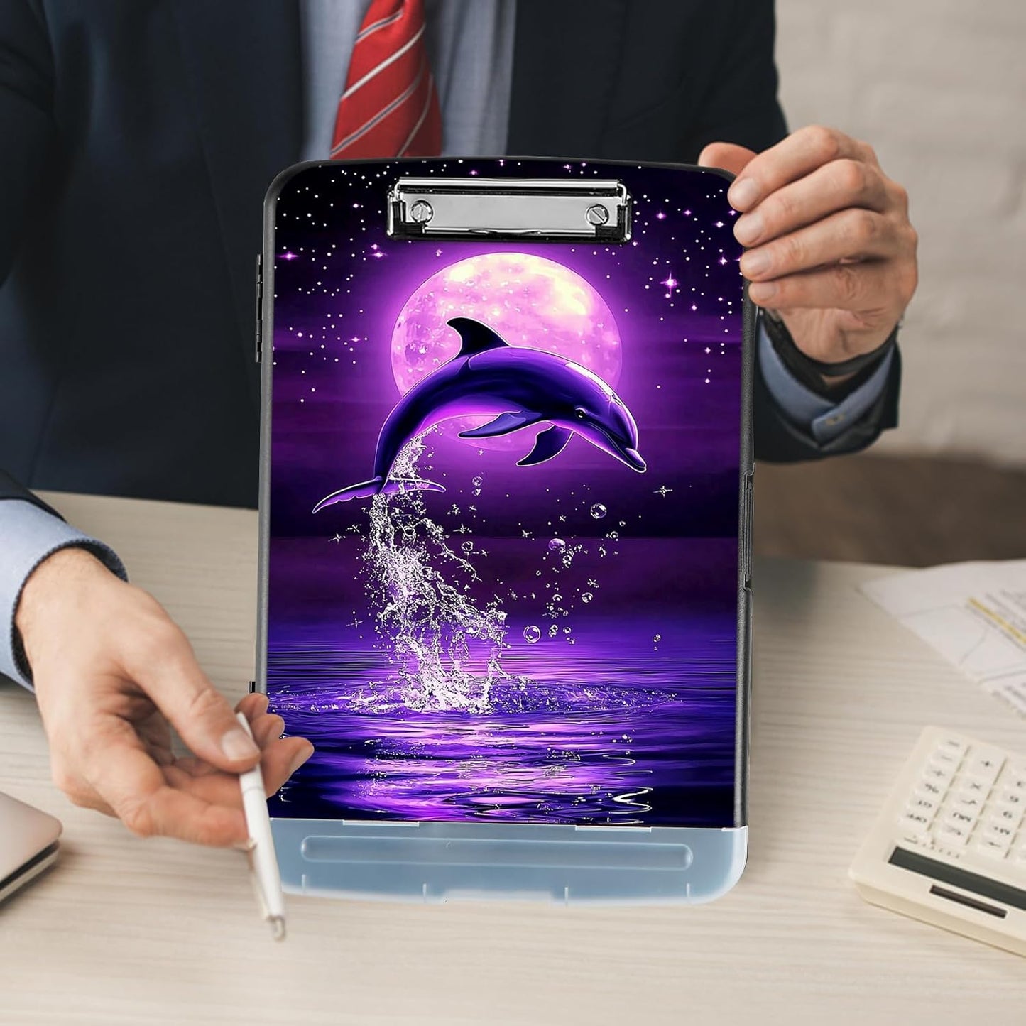 Clipboard with Storage - Large Capacity,Nursing Clipboard with Pen Holder,Heavy Duty,Plastic Side-Opening Folder for Teacher,Nurse - Purple Moon Dolphin Jumping