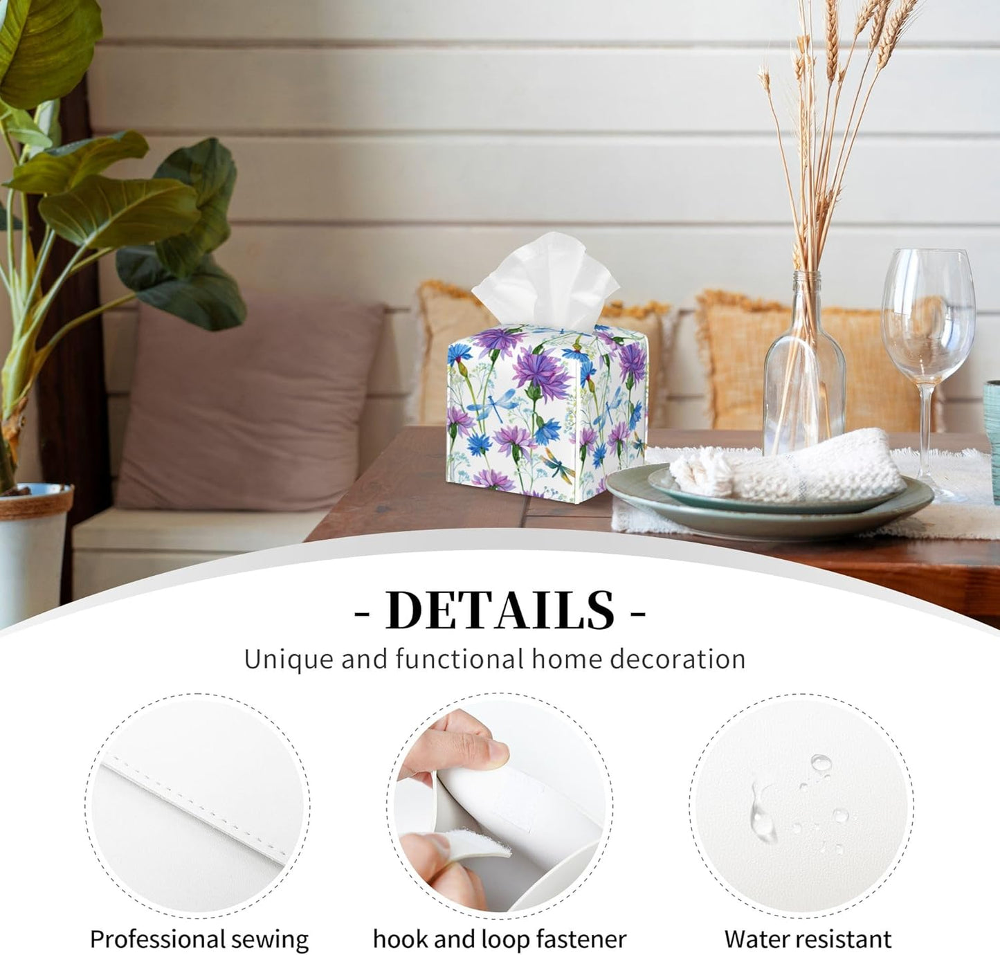 Watercolor Flowers and Dragonflies Tissue Box Cover Square,Purple Blue Floral Tissue Box Holder Waterproof Leather Facial Paper Organizer Dispenser for Bathroom Home Car Nightstand Vanity Desk