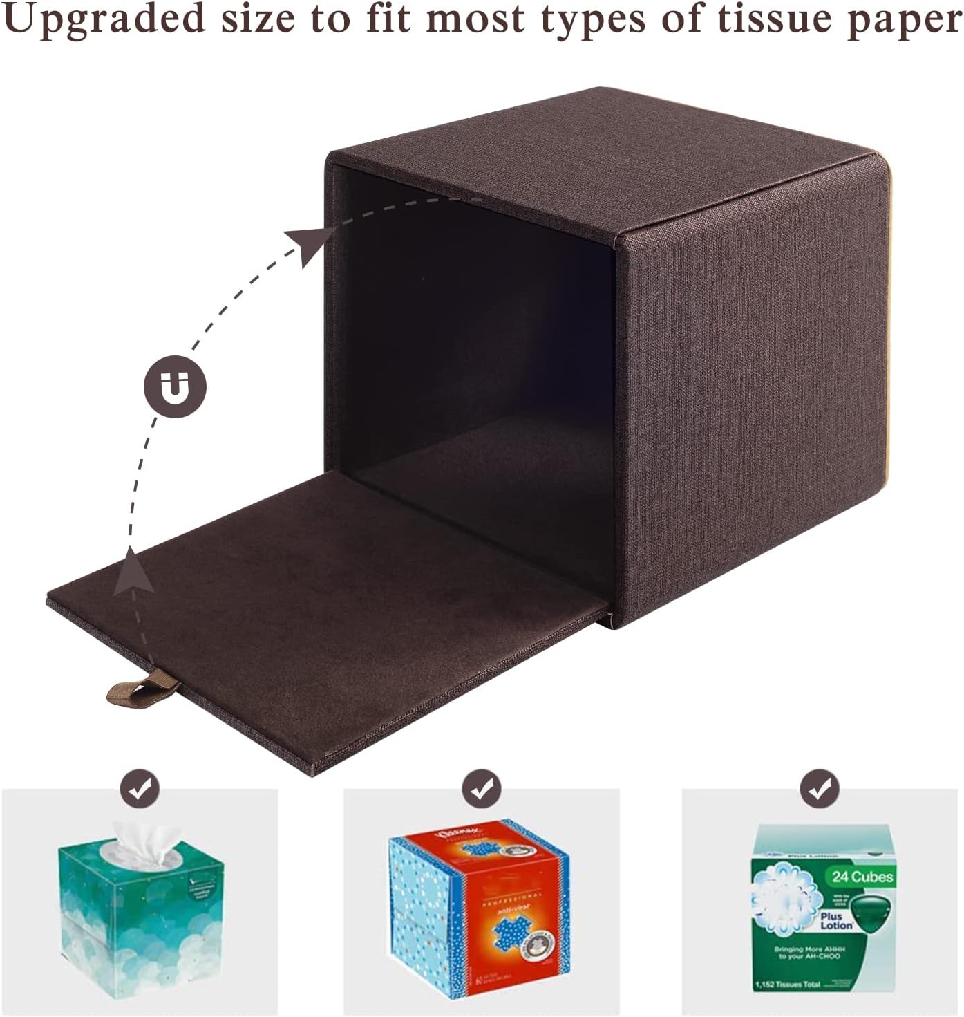 Tissue Box Cover Square Tissue Box Holder PU Leather Facial Organizer with Magnetic Bottom,Decorative Napkin Caddy for Vanity Dresser Night Stand Table Countertop Home Office Car,Coffee