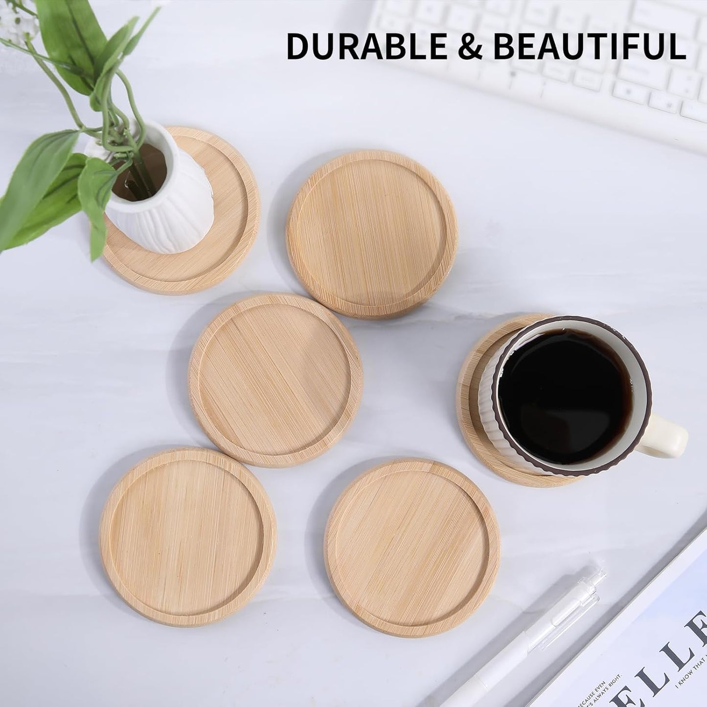 Bamboo 4 inch coaster [4 pcs] Coasters with Holder - Drinking Coasters - Cup Mat for Drinks - Live for Hot or Cold Drink - Non-slip and non-stick,Suitable for Kinds Cups and Living Room Decor