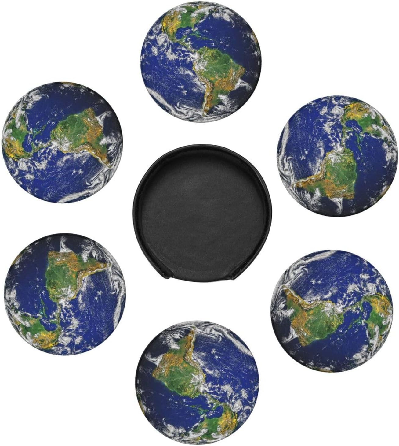 Planet Earth North and South America Map Coasters for Drinks Round Leather Coaster with Holder Set of 6 for Tabletop Protection Desk Accessories Office Home Room Decor