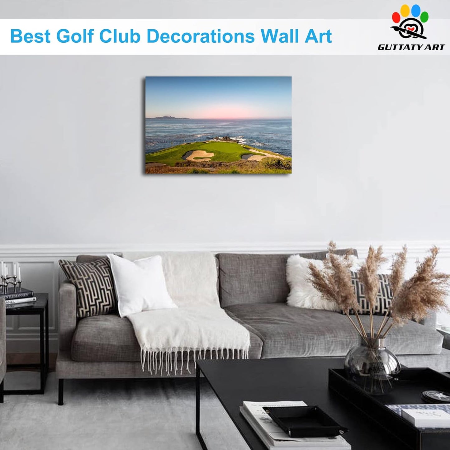 Golf Canvas Wall Art, Pebble Beach Golf Links Painting Prints for Living Room Wall Decor, Men's Sports Golf Course Poster Picture for Bedroom Decor, Framed Artwork for Office Home Decor 12x18 Inches