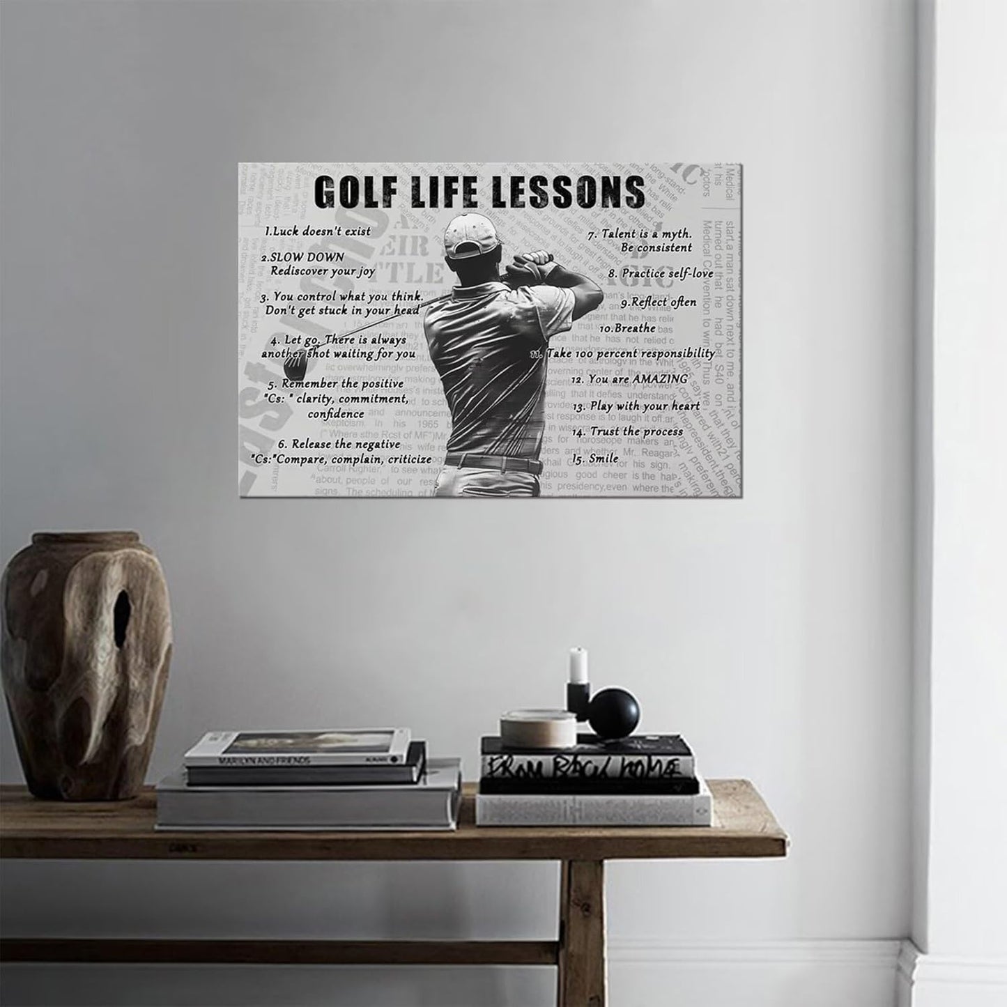 Golf Sports Wall Art Golf Life Lessons Wall Decor Golf Sign Retro Poster Boy Men Room Motivational Decorations Canvas Print Painting Artwork for Living Room Home Decorations Framed (24 x 36 inch)