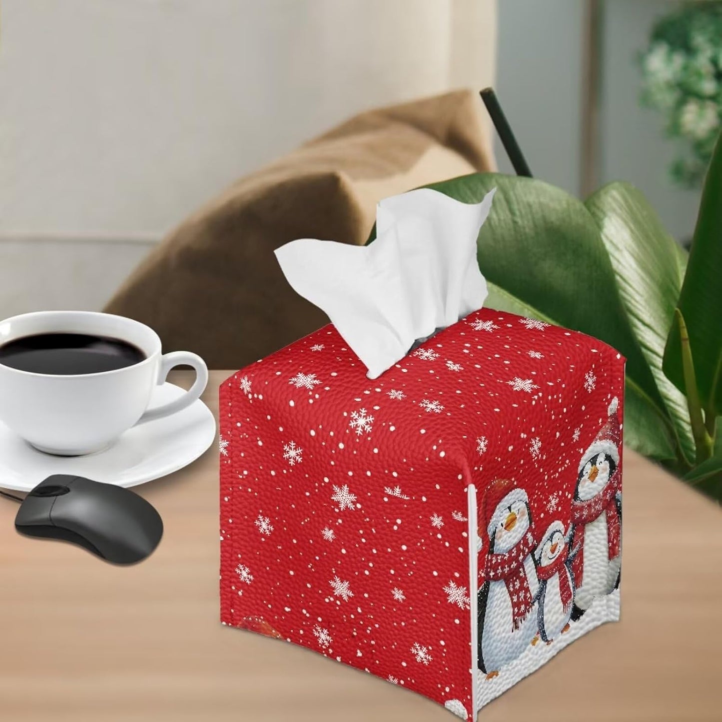 Christmas Tissue Box Cover Cute Penguin Tissue Box Square Red Tissue Box Holder with White Snowflake Fun Tissue Box for Office Bedroom Car Bathroom Xmas Decor