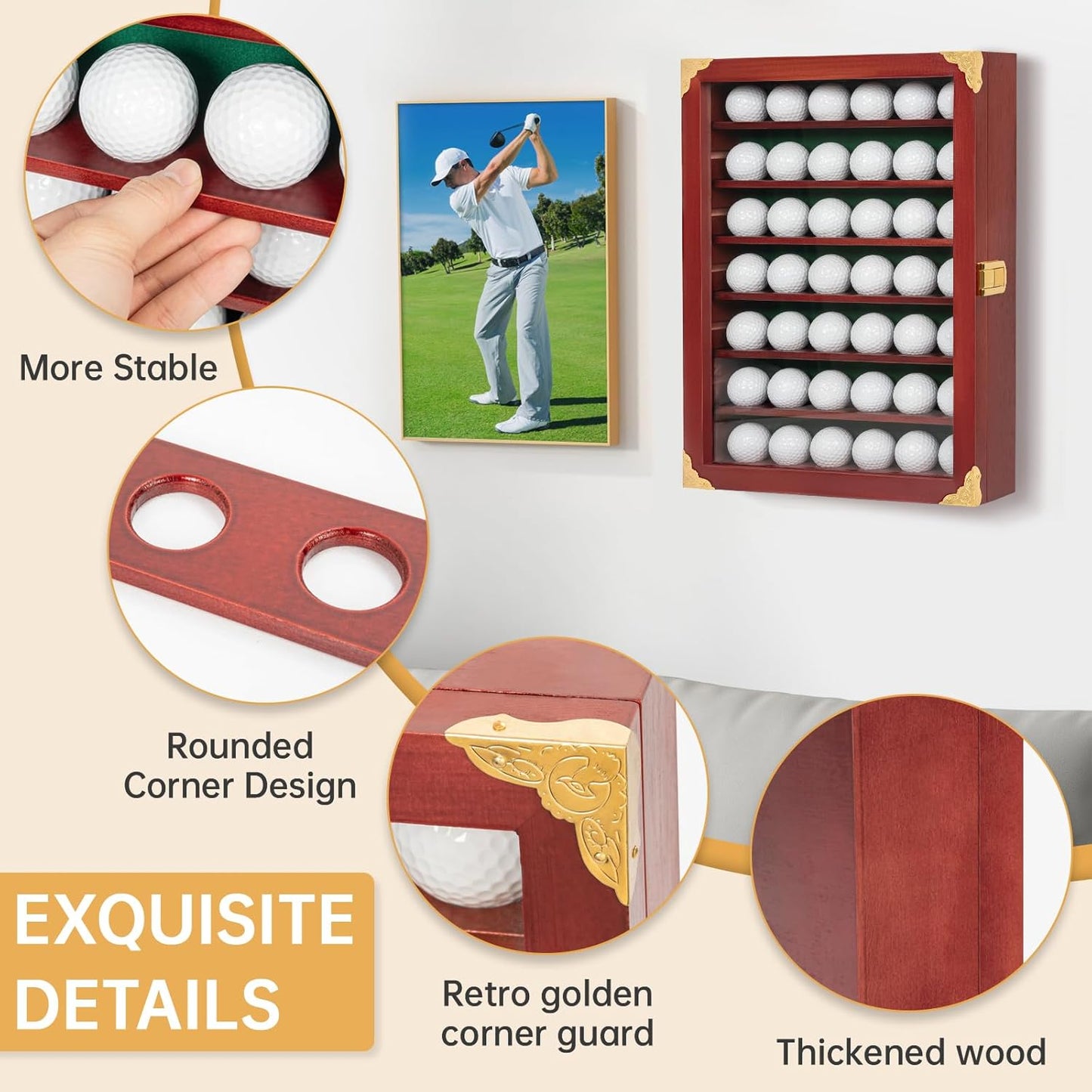 Golf Ball Display Case, Solid Wood Golf Ball Holder, Wall Mounted Golf Ball Rack with Acrylic Door for Golf Enthusiasts (Mahogany, for 42 Golf Balls)