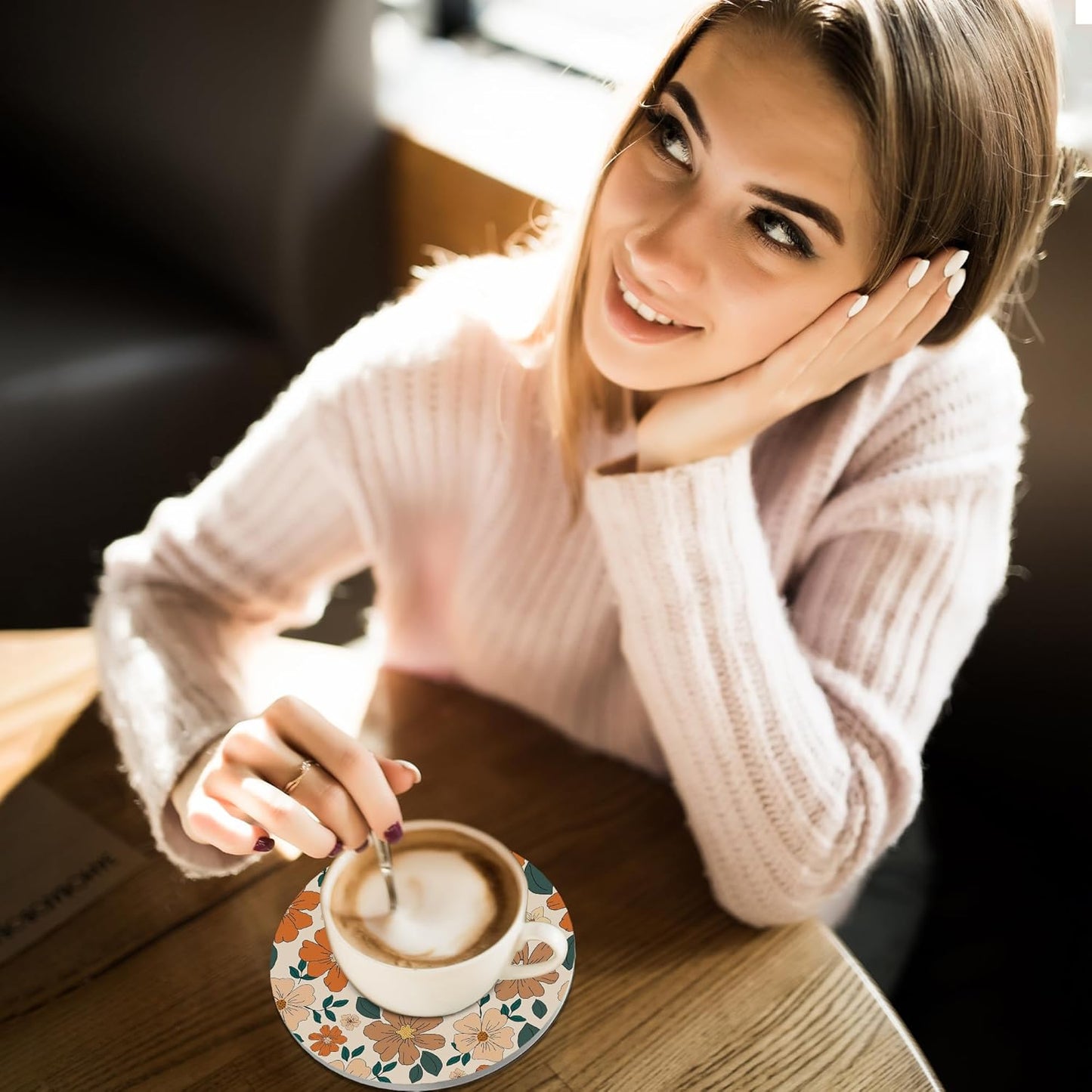 Coasters for Drinks,Set of 4 Absorbent Coasters,70s Retro Floral Flowers Ceramic Coasters with Cork Base,Cup Coaster for Coffee Table Protection,Gifts for Housewarming Birthday