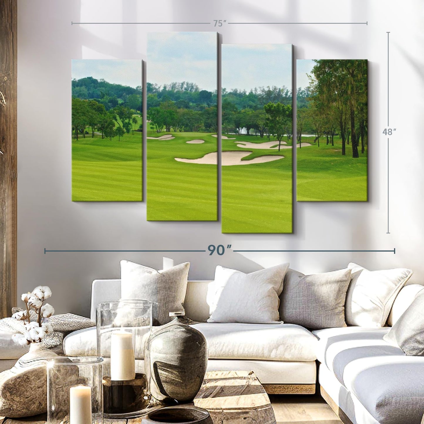 Elephant Stock Beautiful Golf Course Wall Art - Horizontal Canvas - 4-Piece Living Room Wall Decor - Tree Photography Canvas Print - Green and Blue Decor for Wall - 75" X 48"