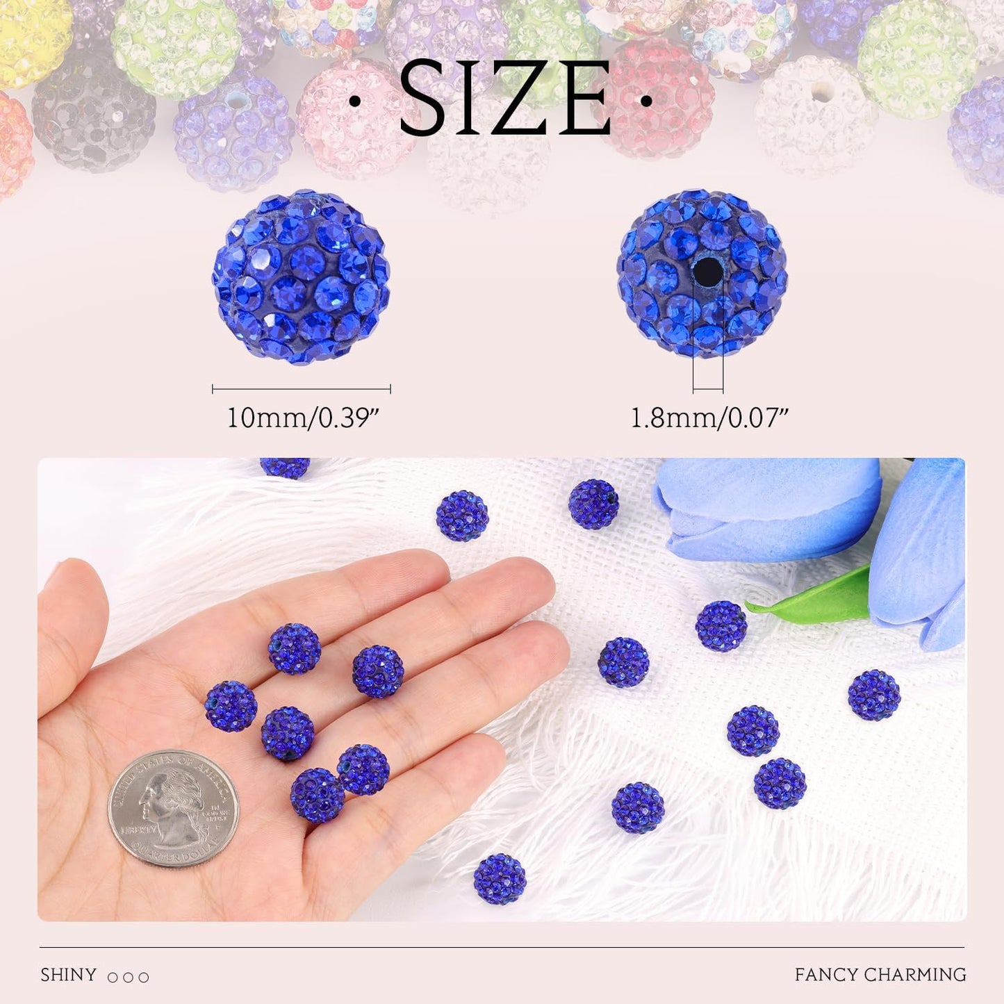 100 pcs 10mm Rhinestone Beads for Jewelry Making, 10 Mixed Colors Shiny Round Shamballa Disco Beads, Sparkle Crystal Clay Christmas for Bracelet Baseball Necklace Earring Crafting and DIY