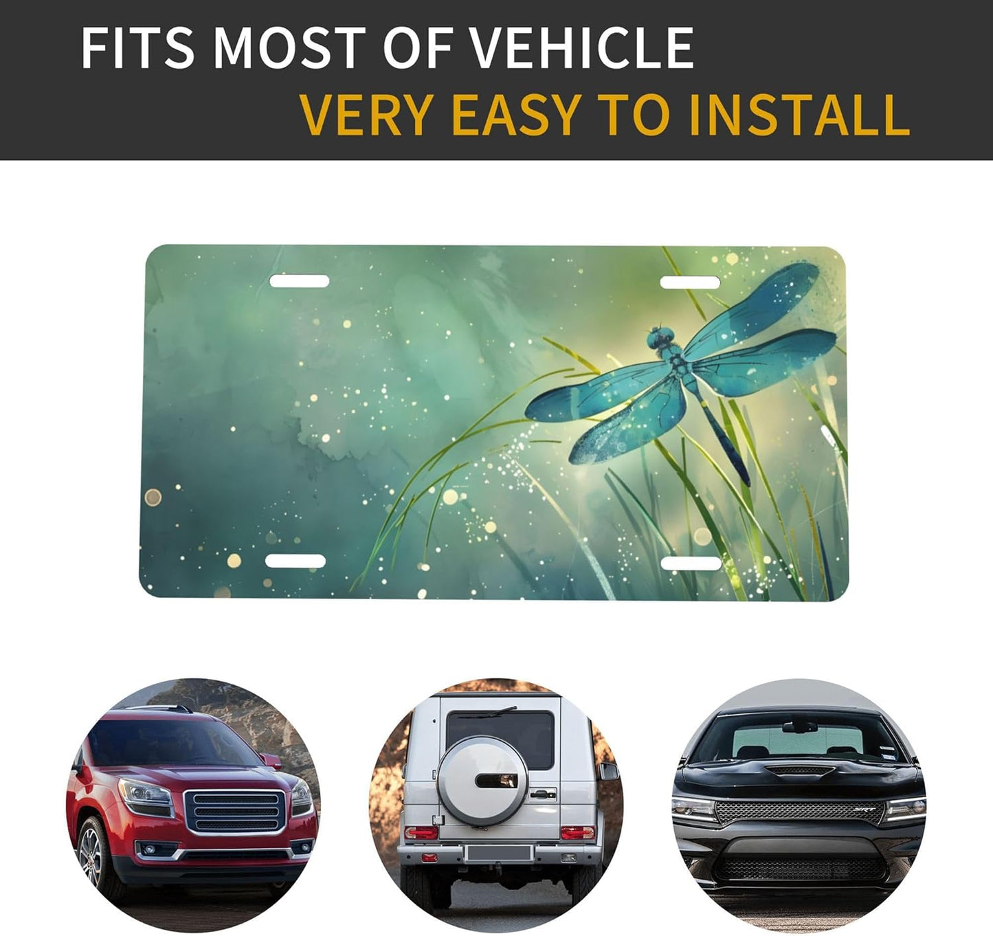 Green Animal Dragonfly Leaf Front License Plate for Car Designs Stainless License Plate Cover Holder for Men Women Metal Aluminum Decorative Accessory Vanity Tag Standard 6 X 12 Inch (4 Holes)