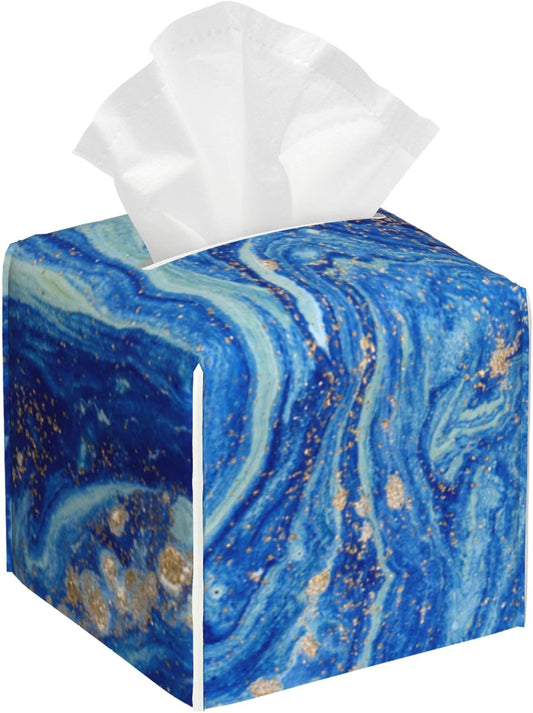 Blue and Gold Liquid Marble Tissue Box Cover Square, Tissue Box Holder Leather Facial Paper Case Decorative Organizer Holder Dispenser Home Office Car Decor