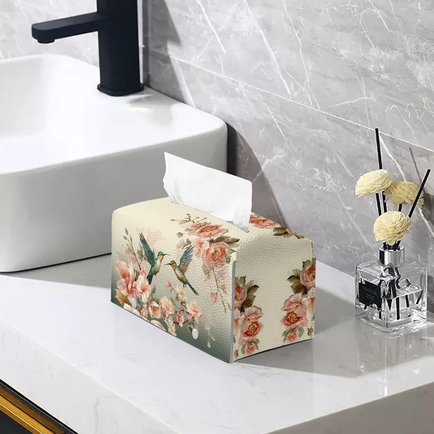 Rectangular Tissue Box Cover Floral Hummingbird PU Leather Tissue Cover Decorative Organizer with Bottom Belt Vintage Tissue Box Organizer for Home, Tabletop, Night Stands