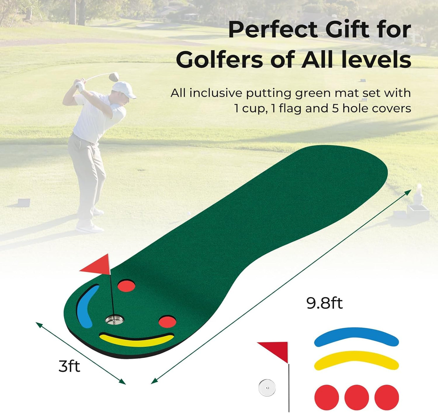 Goplus Putting Green - 9.8 FT x 3 FT Golf Practice Mat with 3 Putting Cups & Flag, Indoor/Outdoor Portable Training Mat