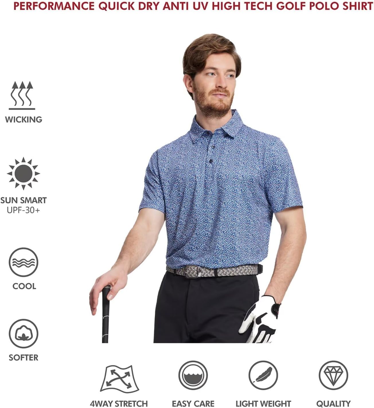 Golf Shirts for Men Dry Fit Short Sleeve Print Performance Moisture Wicking Polo Shirt