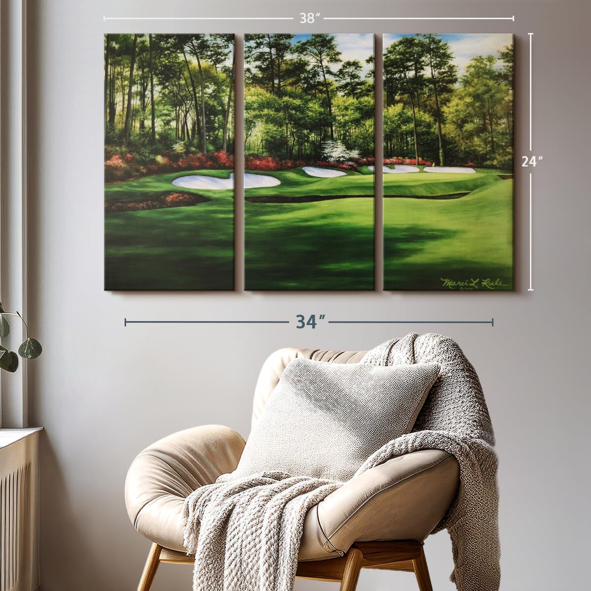 ElephantStock Augusta National 13th Hole I Wall Art - Horizontal Canvas - 3-Piece Living Room Wall Decor - Painting Sports Canvas Print - Green and Red Decor for Wall by Marci Rule - 38" X 24"
