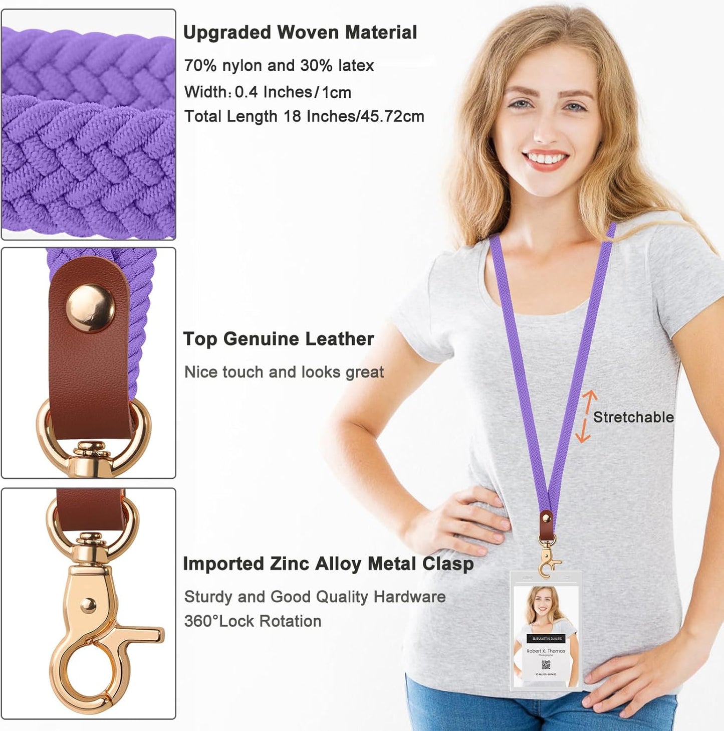 Fishent Stretchy Thin Lanyards for Keys ID Badges, Cute Long Teacher Neck Key Lanyard Keychains for Women Men Wallet Phone(Lavender)