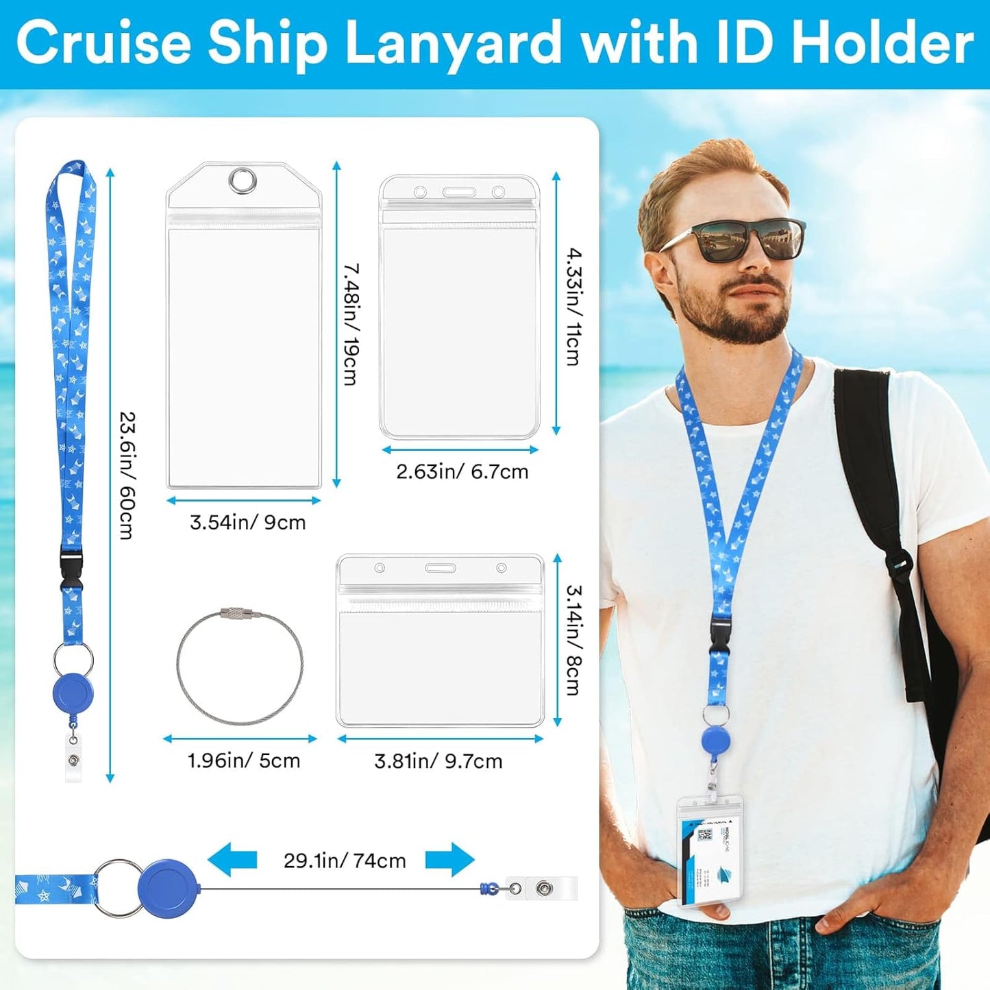 6 Pack Lanyards with Ship Card Holders, Retractable Badge Reels with Waterproof Luggage Tags ID Holders for Cruise Essentials Accessories Key Cards