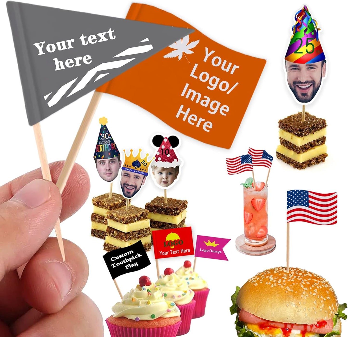 Custom Toothpick Flags with Logo/Photo 100Pcs, Personalized Cheese Markers for Hamburger Cupcakes Toppers Party Decoration Food Labeling -Triangular