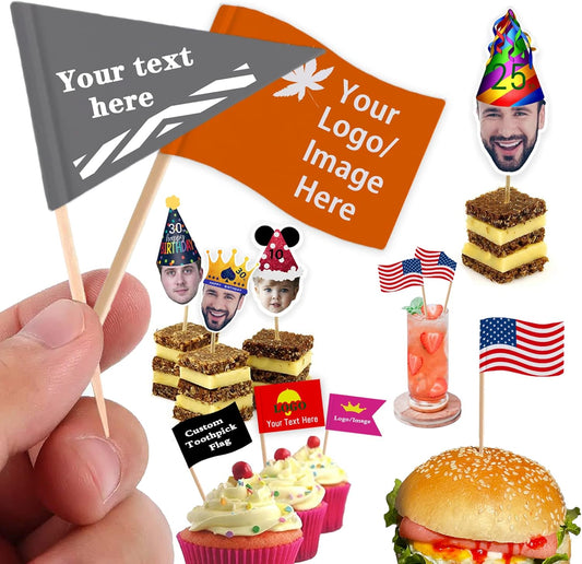 Custom Toothpick Flags with Logo/Photo 100Pcs, Personalized Cheese Markers for Hamburger Cupcakes Toppers Party Decoration Food Labeling -Triangular