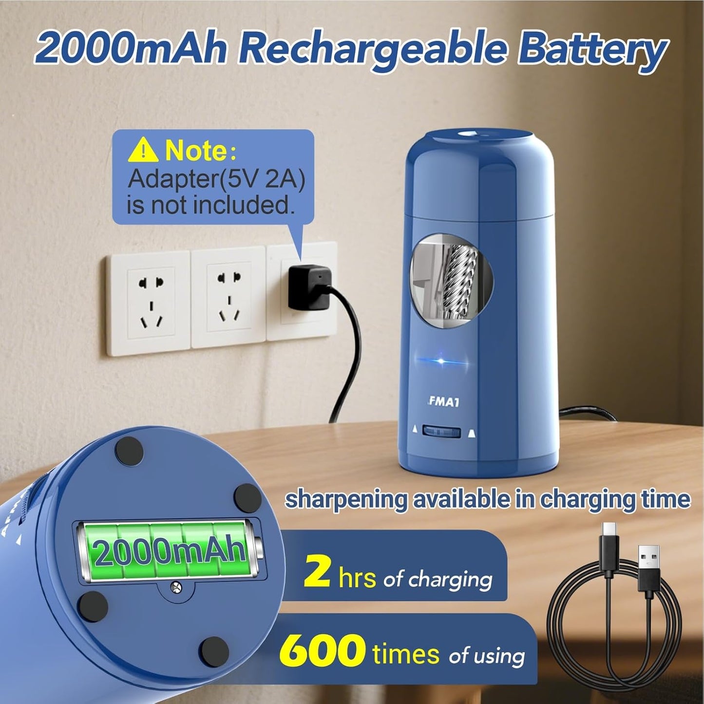 AFMAT Electric Pencil Sharpener, Rechargeable Fully Automatic Pencil Sharpener for Jumbo & Colored Pencils (7-11.5mm), Auto in/Out, Hands-Free, Portable for Home/Classroom/Office PSX6(Blue)