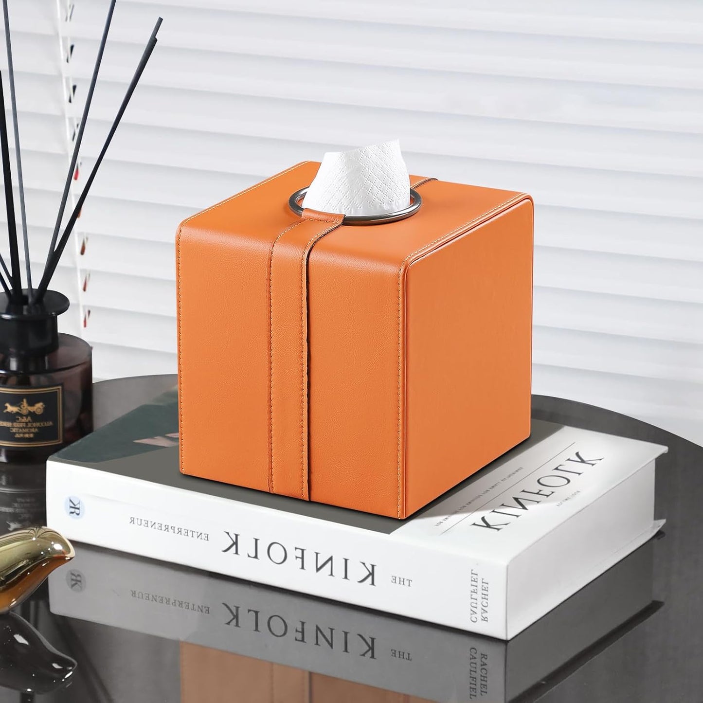 Square Tissue Box Cover, Luxury PU Leather Tissue Holder with Magnetic Closure (Orange)