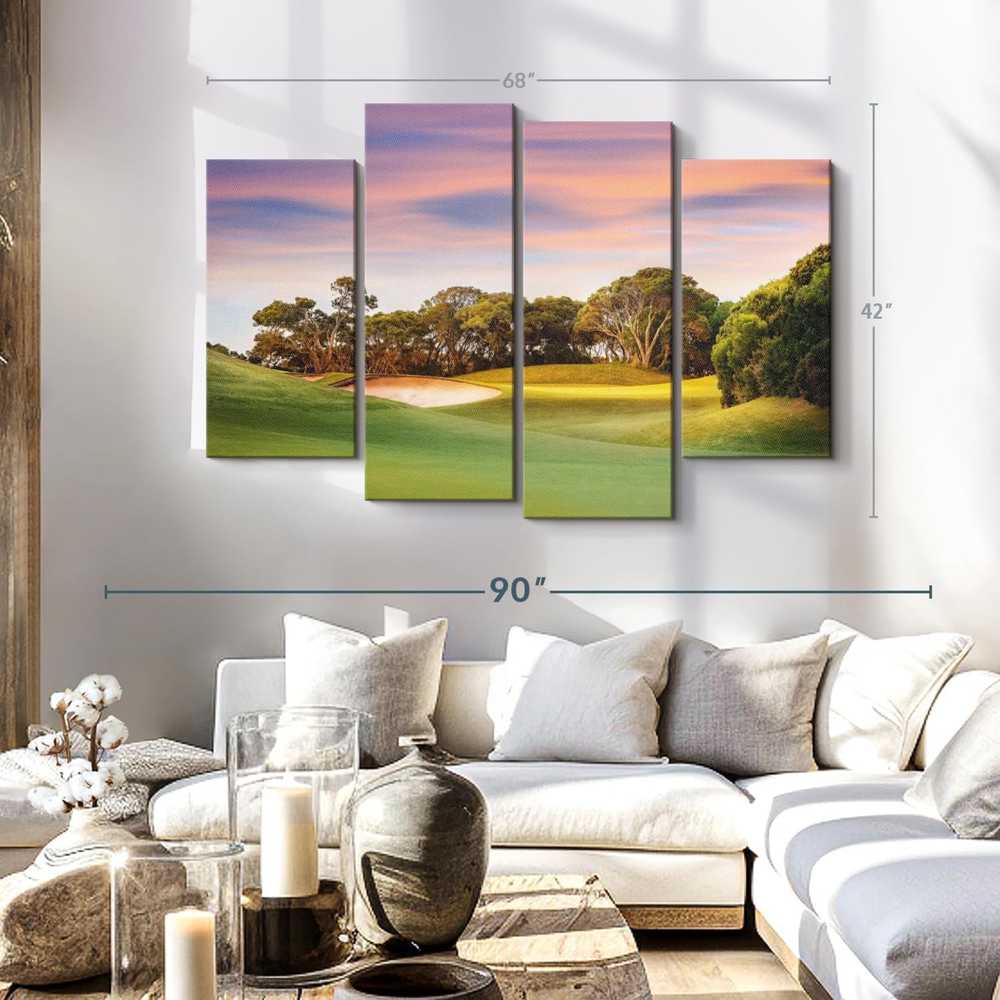 ElephantStock Golf Course Sundown Wall Art - Horizontal Canvas - 4-Piece Living Room Wall Decor - Photography Sports Canvas Print - Orange and Blue Decor for Wall - 68" X 42"