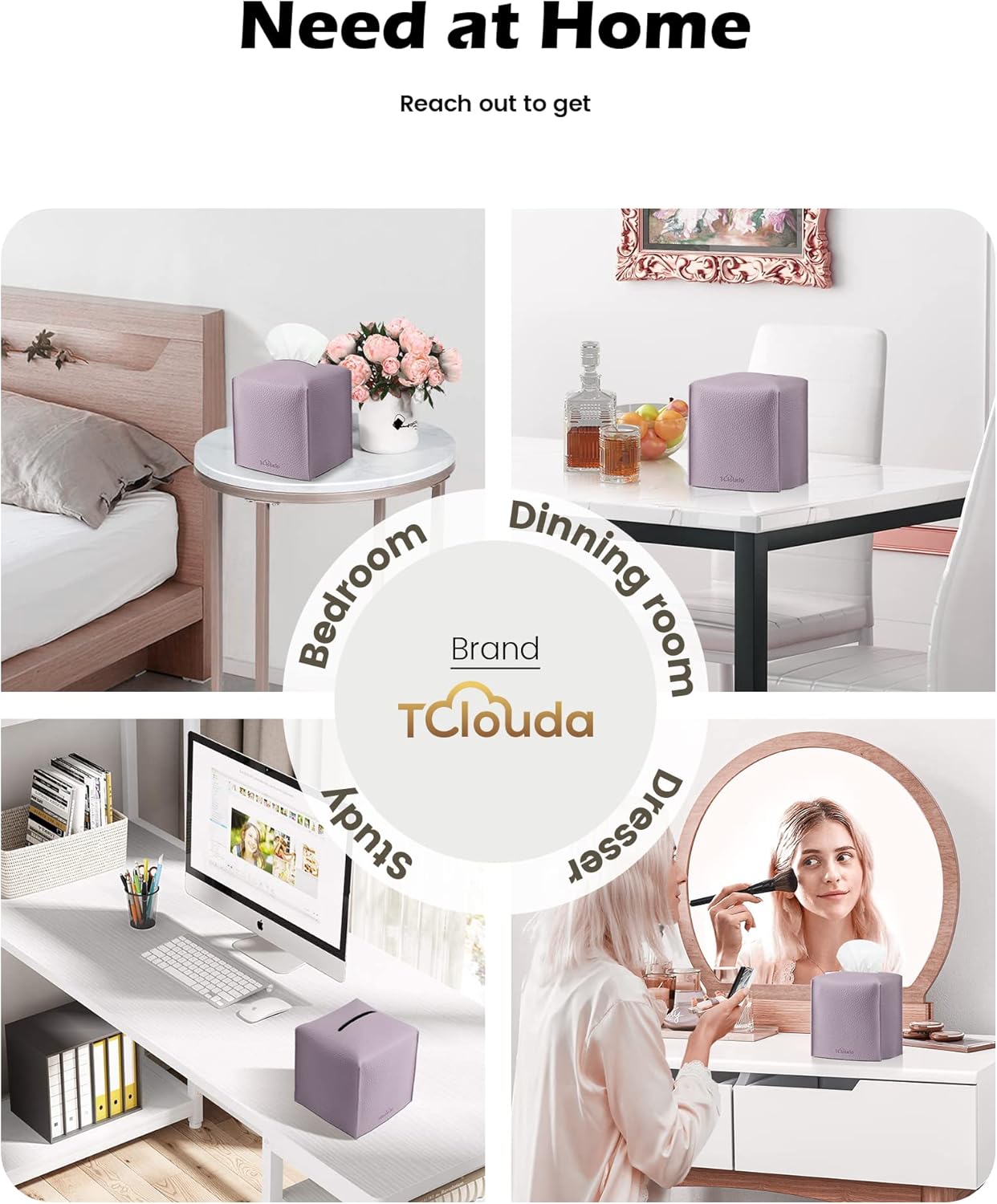 Tissue Box Cover for PU Leather, Modern Simple Solid Color Holder Square Tissue Bag, Ideal for Bathrooms,Office,Car,Nightstand,Outdoor Tent,Dining Table,5"X5"X5", Single Purple