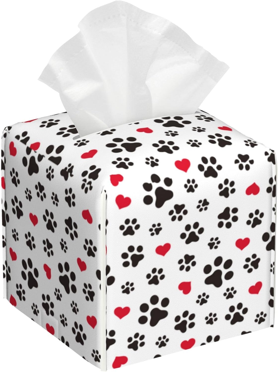 Dog Paw Cat Paw Heart Love Tissue Box Cover Square, Animal Puppy Footprints Tissue Box Holder Waterproof Leather Facial Paper Organizer Dispenser for Bathroom Home Car Nightstand Vanity Desk