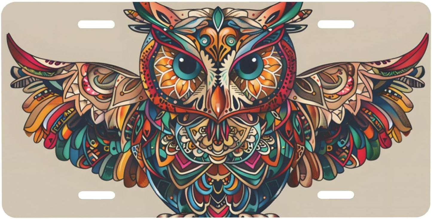 Front License Plate for Car Designs Ethnic Abstract Animals Owl Stainless License Plate Cover Holder for Men Women Metal Aluminum Decorative Accessory Vanity Tag Standard 6 X 12 Inch (4 Holes)