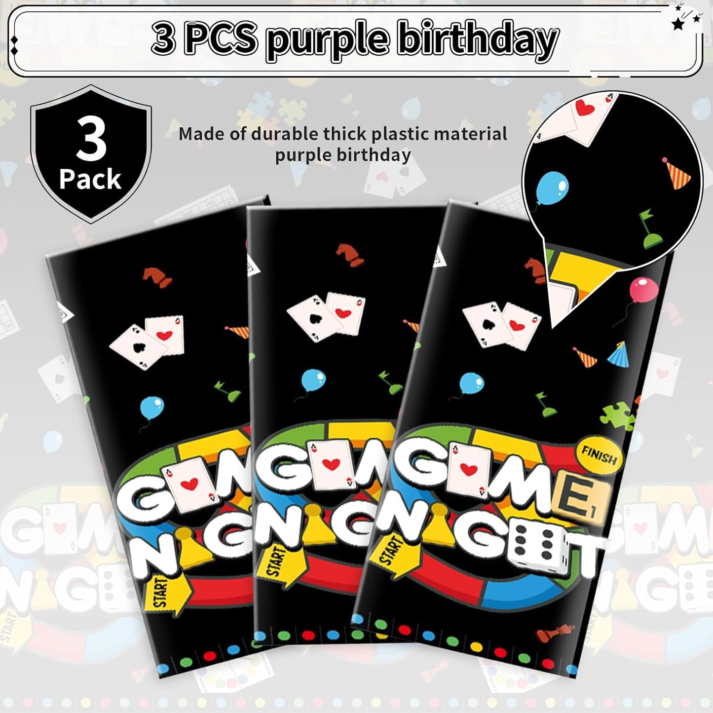 Grencian 3Pcs Family Game Night Party Tablecloth Game Night Table Cover Plastic Rectangle Gaming Themed Table Cloth for Kids Boys Gamer Family Gathering Party Decorations, 54 x 108 inch