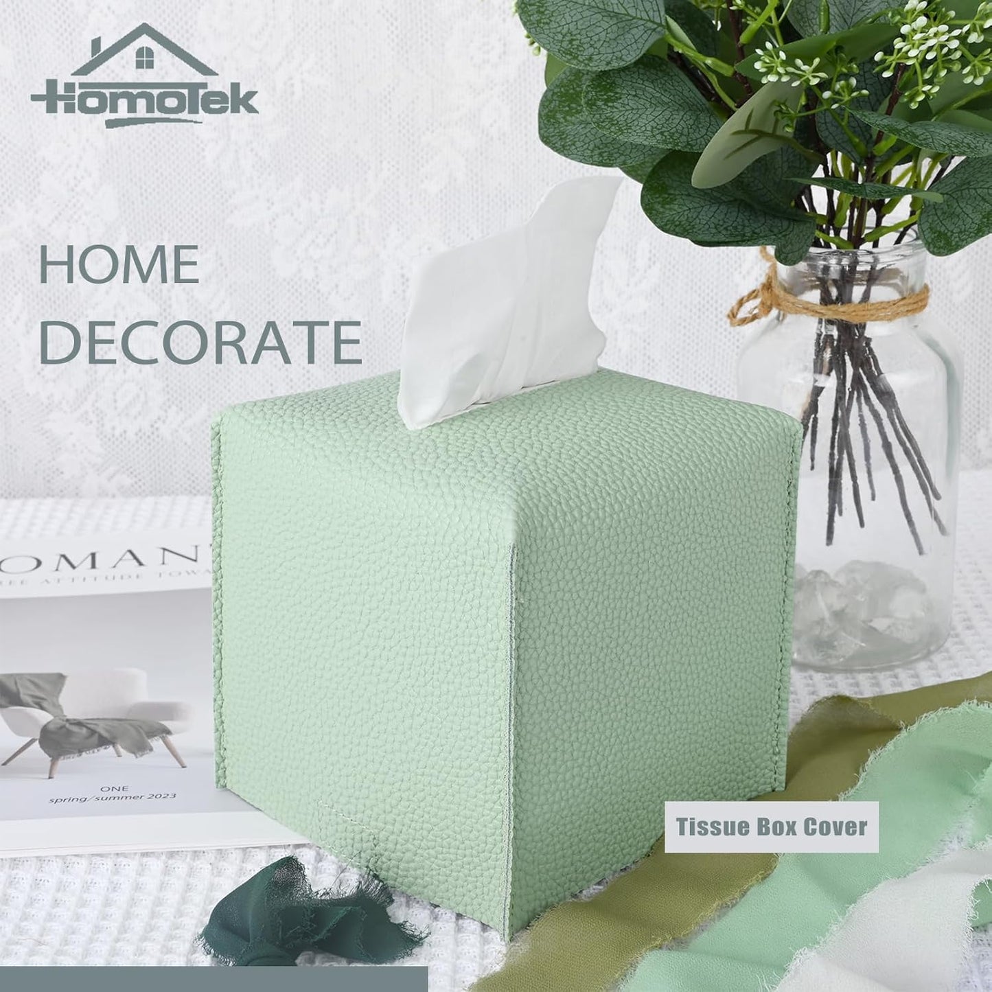 HOMOTEK 2 Pack Tissue Box Cover, Square PU Leather Tissue Holder, Decorative Facial Tissue Cube Paper Organizer Dispenser for Bathroom, Night Stands, Desk, Car 5X5X5'' - Mint Green, Pebble Grain