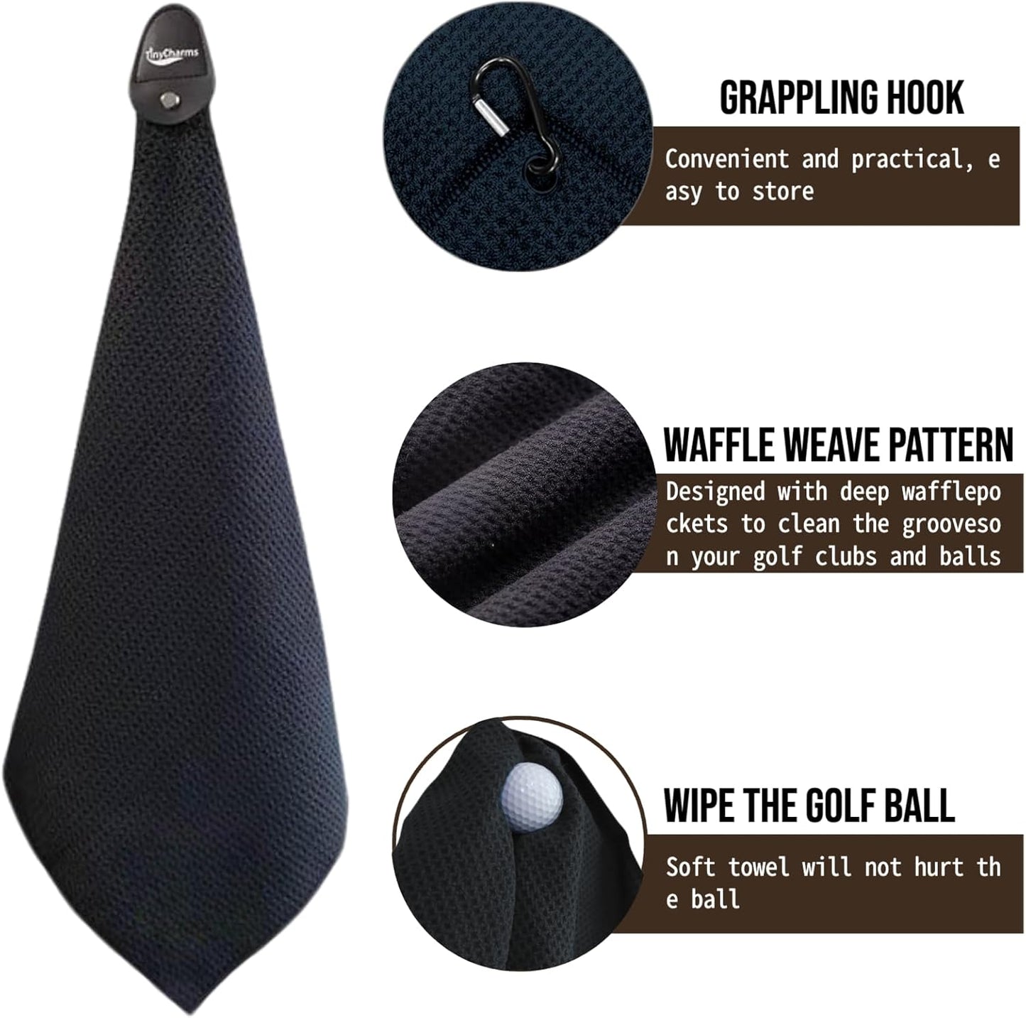 Magnetic Golf Towel, 16"x16" Black Microfiber, Strong Magnet & 3 Grommet Design, Carabiner Hook, Super Absorbent & Easy Clean, Golf Bag Accessory (Black, (16"*16") x2)