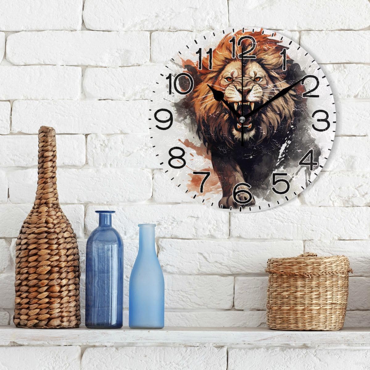 Roaring Lion Wild Animal Wall Clock Battery Operated Non Ticking Silent Quartz Analog Rustic Farmhouse Round Clock Retro Decor for Home Kitchen Living Room Bathroom