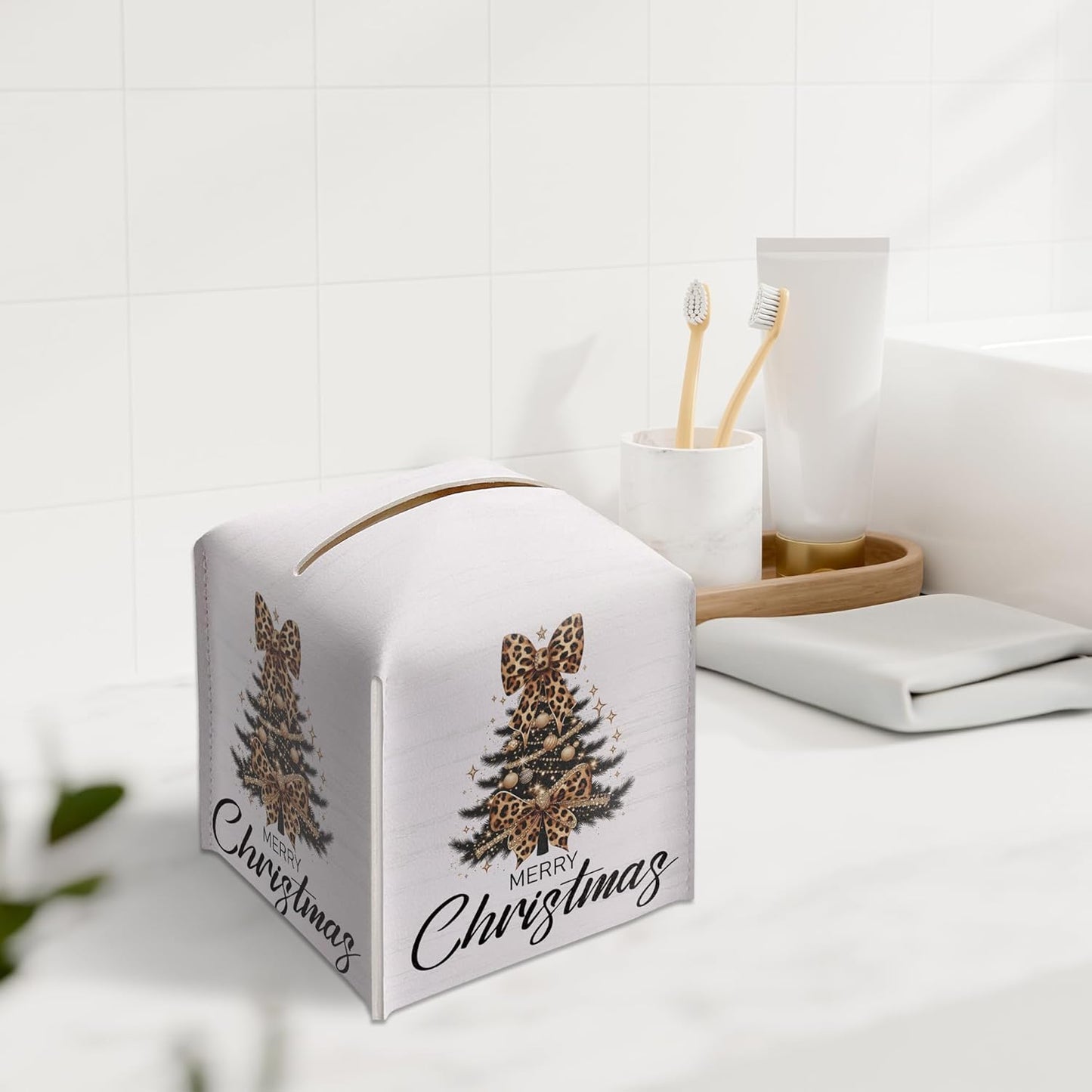 Christmas Tree Tissue Box Holder, Leopard Print Christmas Tree Leather Tissue Box Cover Square, Paper Facial Decorative Tissues Cover for Night Stands Bathroom Office Home Decor-B13