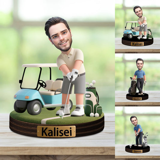 Personalized Cartoon Face Photo Golfer Desktop Ornament Custom Name Funny Acrylic Office Desk Decor Gift For Golf Ball Lover Birthday Xmas Anniversary (style 11)