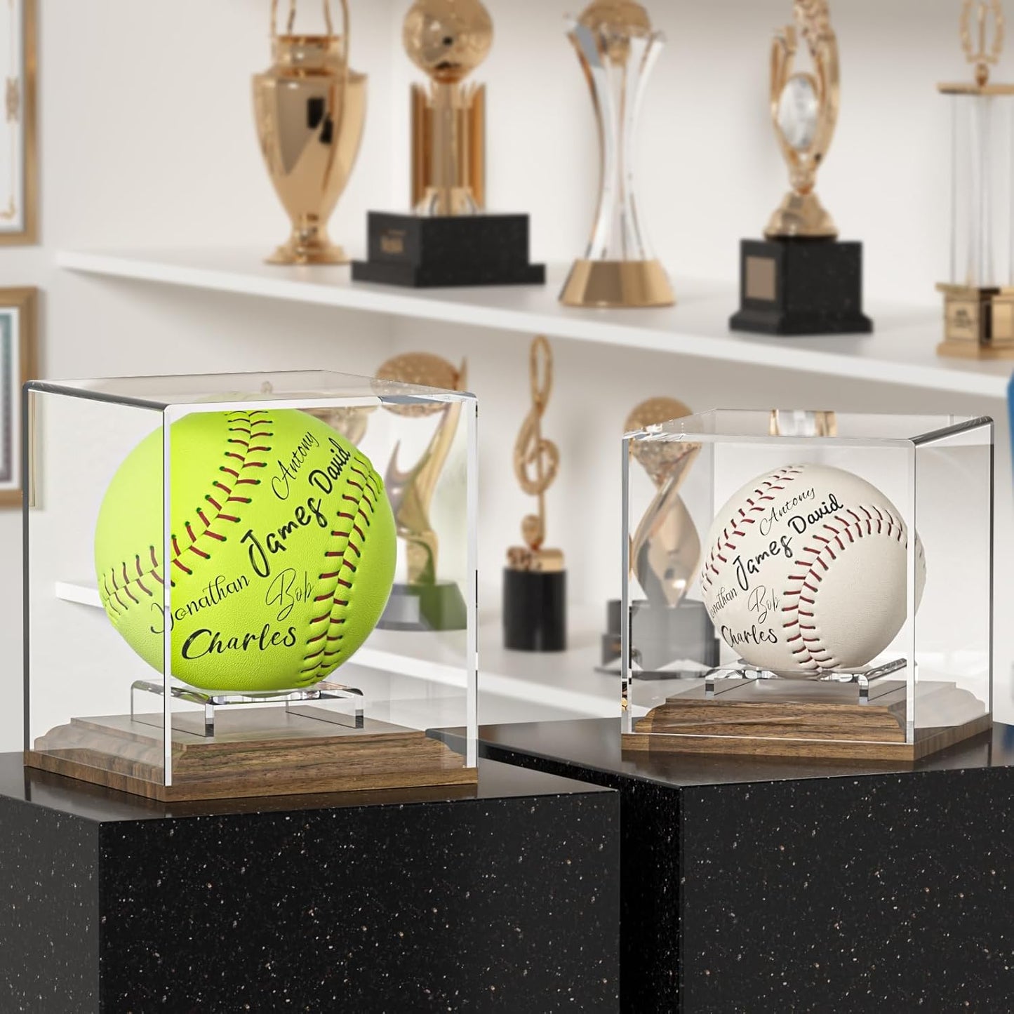 Baseball Case Display for Balls Walnut Wood Base Acrylic Baseball Display Case Baseball Holder Stand Cube Memorabilia Showcase Autograph Ball Protector for Official Size Ball Display
