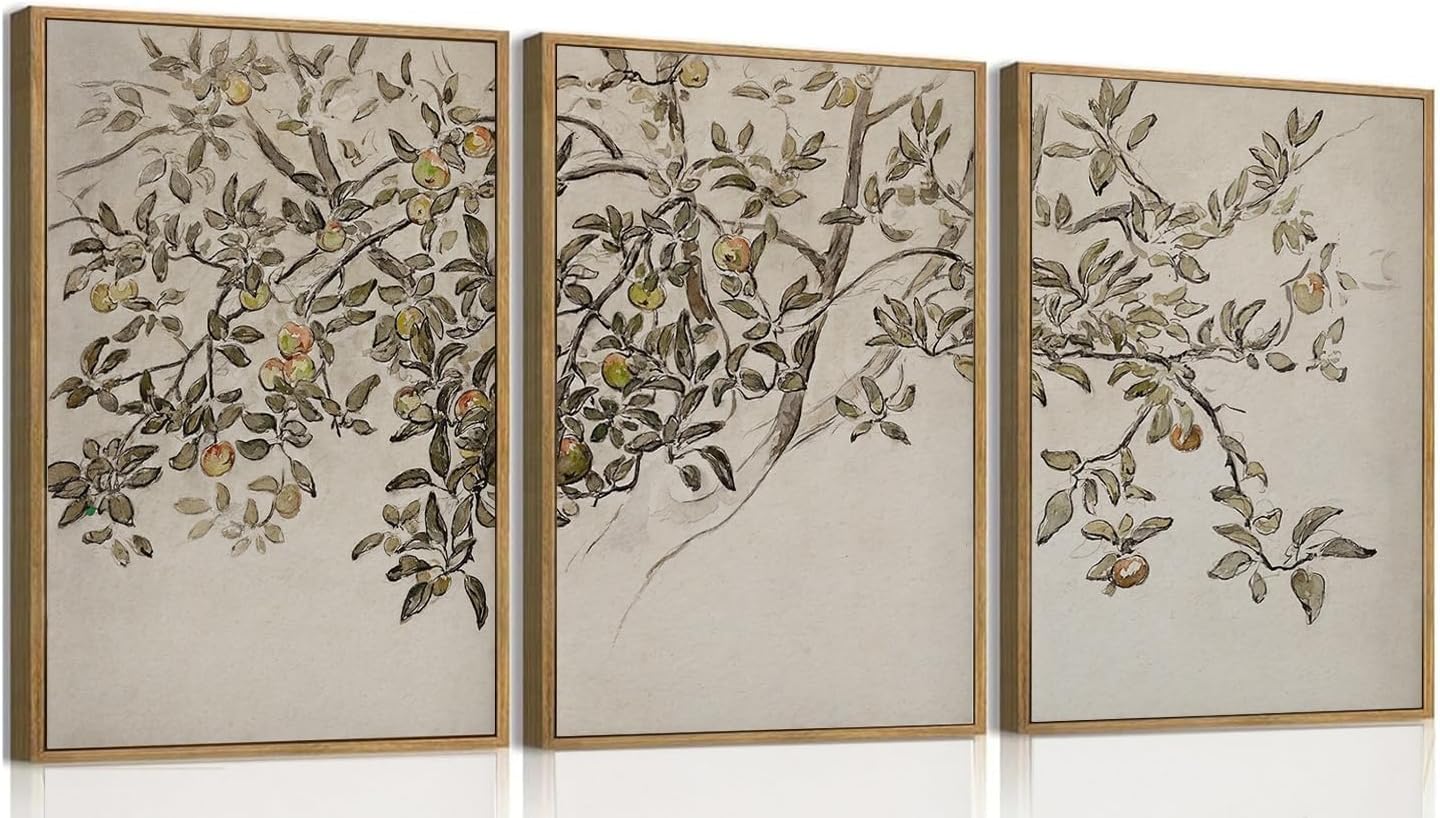 MTFBWY Framed Botanical Apple Tree Wall Art Set of 3, Vintage Nature Branch Canvas Prints, Rustic Farmhouse Plant Wall Art, Neutral Still Life Painting for Living Room Bedroom Office Decor 16L x 12W