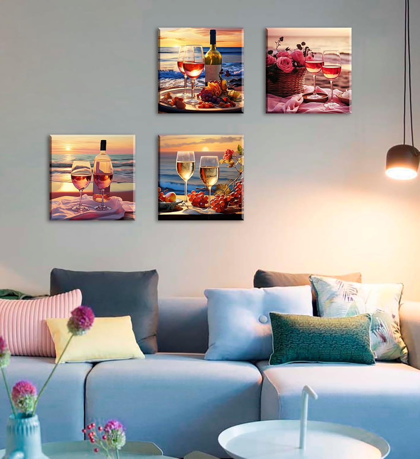 Kitchen Decor Dining Room Wall Art Wine Glass Still Life Fruit Goblet Canvas Prints Artwork Beach Sunset Landscape Romantic Poster Bar Restaurant Home Decoration Framed Ready to Hang 12"X12"X4 Panels