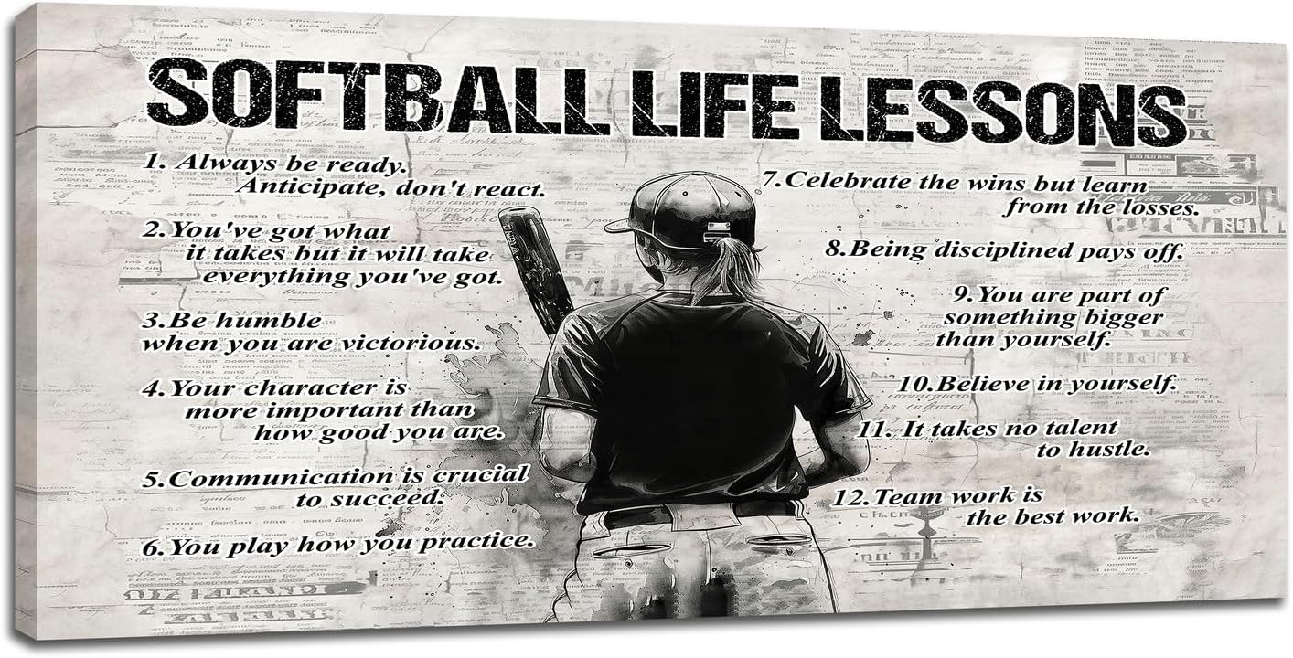 Softball Sports Wall Art for Living Room - Large Size Life Lessons Decor Sign - Retro Canvas Prints Inspirational Pictures Painting Artwork for Home Decoration Master Bedroom 60"X30"