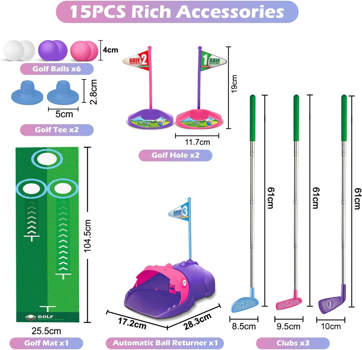 Kids Toy Golf Set with Dinosaur Automatic Golf Returner, Led Light Up Night Golf Balls, 3 Clubs, Putting Mat, 3-8 Toddler Mini Golf Games, Indoor Outdoor Sports Toys for Boys Girls (Pink)