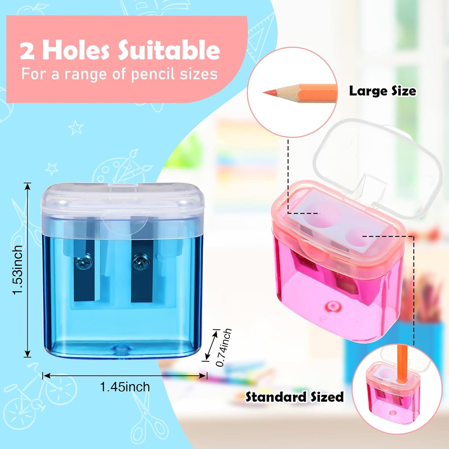 Teling 144 Pcs Manual Pencil Sharpeners Bulk Handheld Dual Holes Pencil Sharpeners for Kids Colorful Portable Compact Sharpener with Lid for Students School Class Home Office Supply