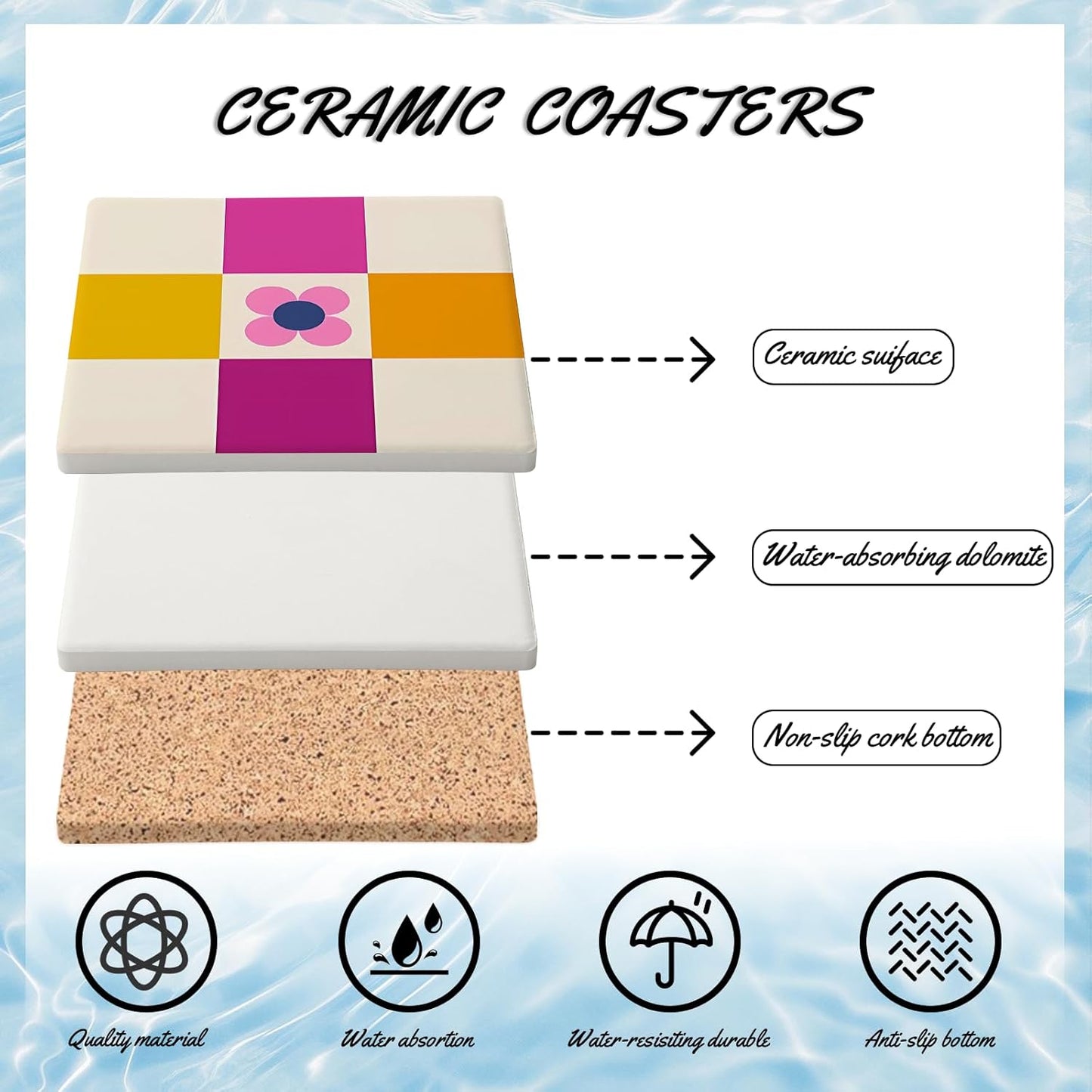 MAYCARI Contrasting Color Cartoon Flower Coasters Set of 6 Cork Backed Checkered Flower Coasters with Metal Holder Ceramic Surface Drink Cup Mats for Tabletop Protection Desk Decoration Birthday Gifts