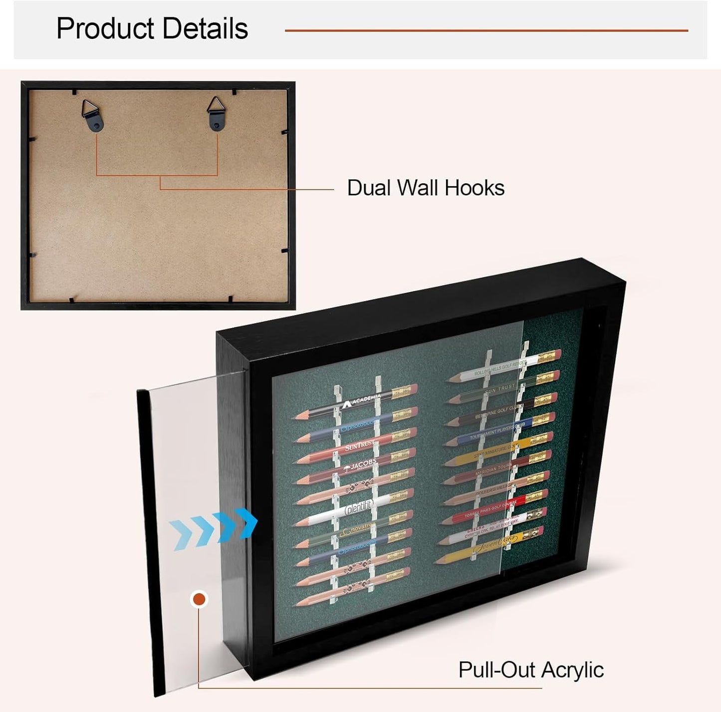 Golf Pencil Display Case, Holds 20 Round or Hexagonal Golf Pencils, Wall-Mount or Desktop Display Frame for Golf Tees, Home or Office Golf Decor and Collectibles