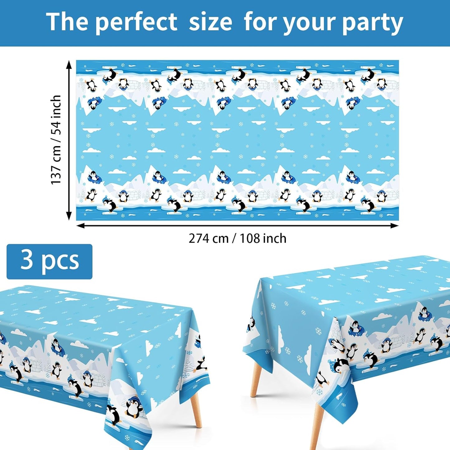 3 Pcs Penguin Birthday Tablecloth Winter Penguin Themed Table Cover Plastic Rectangle Cute Cartoon Animal Table Cloth for Kids Birthday Baby Shower Dinner Party Decorations Supplies 54" x 108"