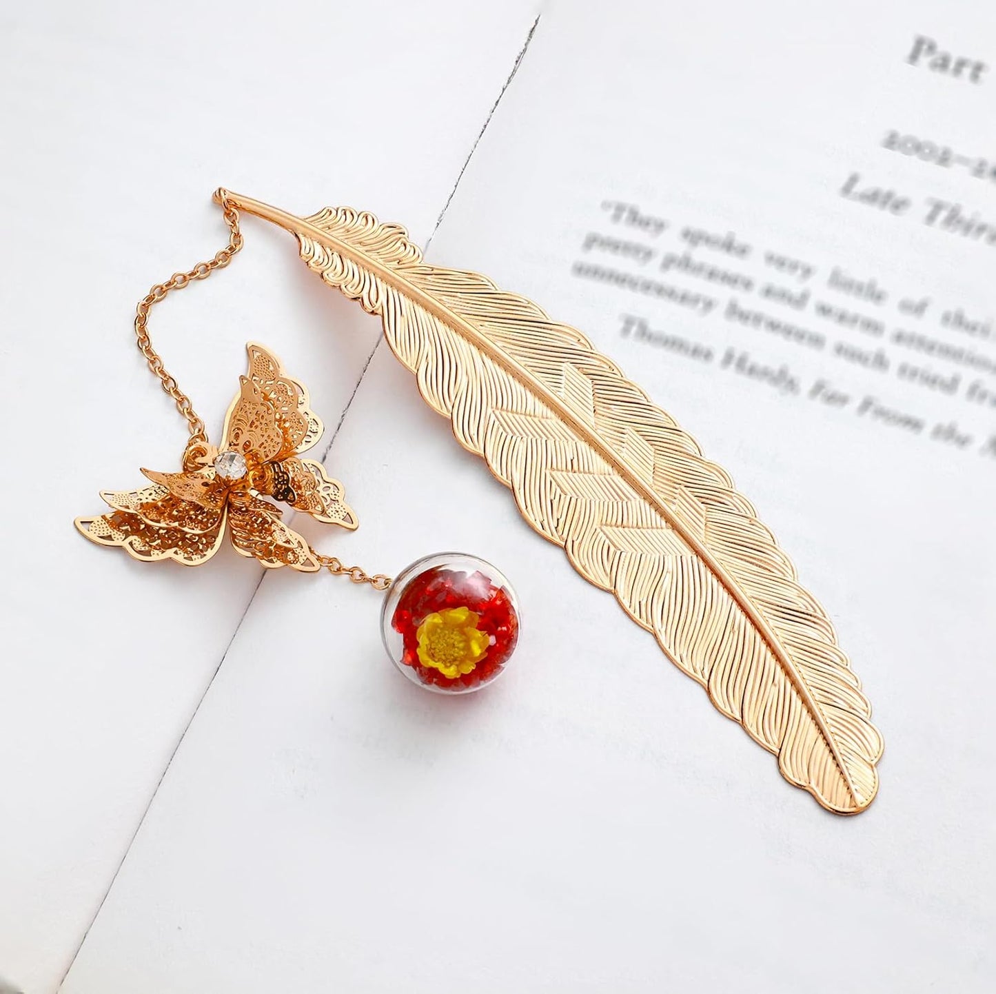 Metal Feather Bookmark with Butterfly Charm – Christmas Gifts for Women, Teachers & Book Lovers – Stocking Stuffers, Secret Santa, Birthday & Holiday Gift Box