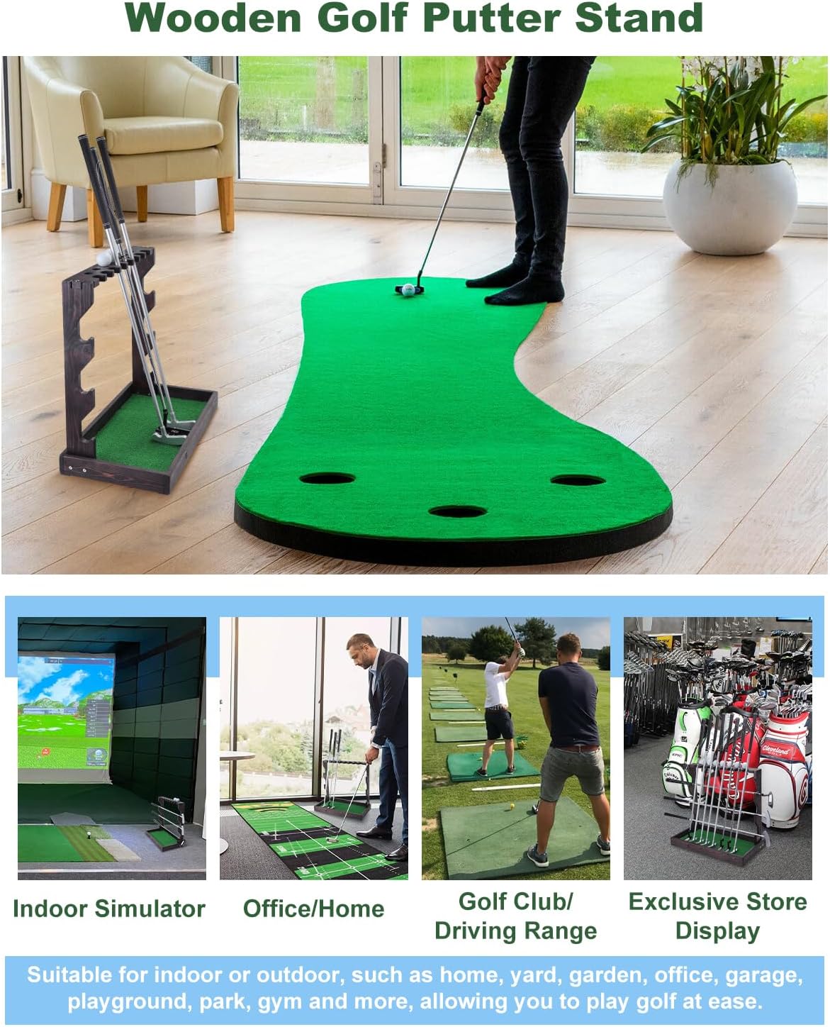 Golf Putter Stand, Wooden Golf Club Holder with Artificial Grass Mat, Holds 11 Clubs & 7 Golf Balls, Stand Floor Display Rack for Indoor Home Office Club Simulator