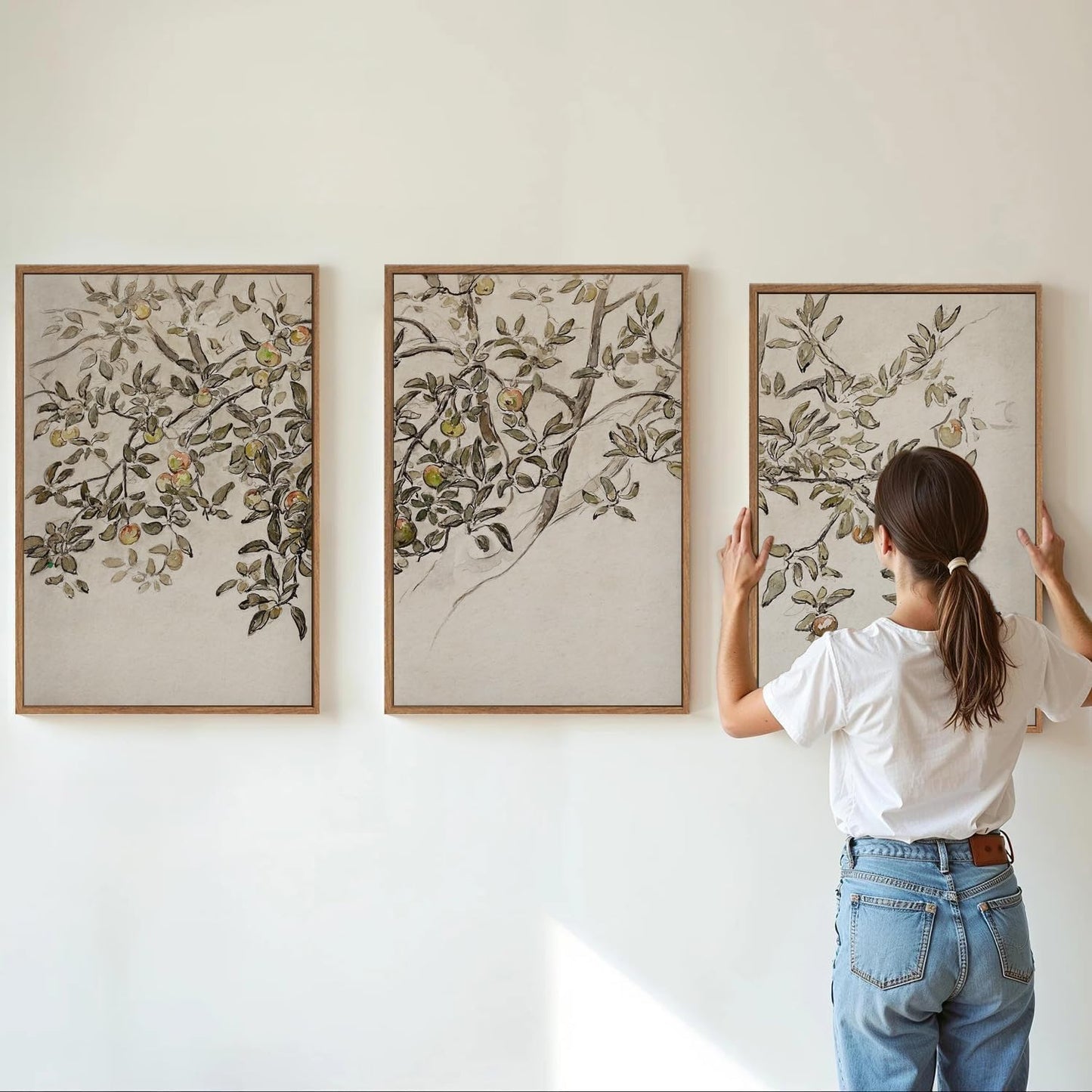 MTFBWY Framed Botanical Apple Tree Wall Art Set of 3, Vintage Nature Branch Canvas Prints, Rustic Farmhouse Plant Wall Art, Neutral Still Life Painting for Living Room Bedroom Office Decor, 24L x 16W