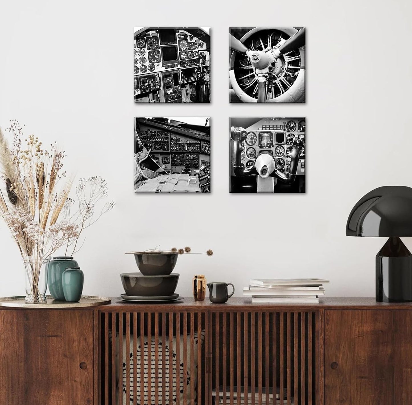 DJSYLIFE Vintage Airplane Wall Art - 4-Panel Black and White Canvas Print Poster, Propeller Plane Close-Up Decor for Office, Bedroom, Man Cave, Modern Home Decor, Ready to Hang 12"x12"x4