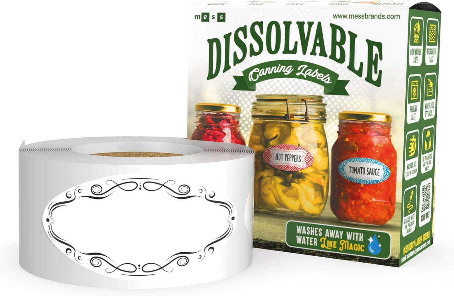 MESS Dissolvable Canning Labels for Jars - 1x2.25 in., 150/Roll - Removable Mason Jar Stickers (Ovals) for Jam and Preserves