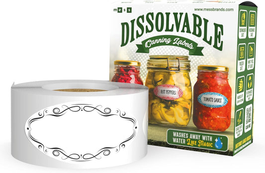 MESS Dissolvable Canning Labels for Jars - 1x2.25 in., 150/Roll - Removable Mason Jar Stickers (Ovals) for Jam and Preserves